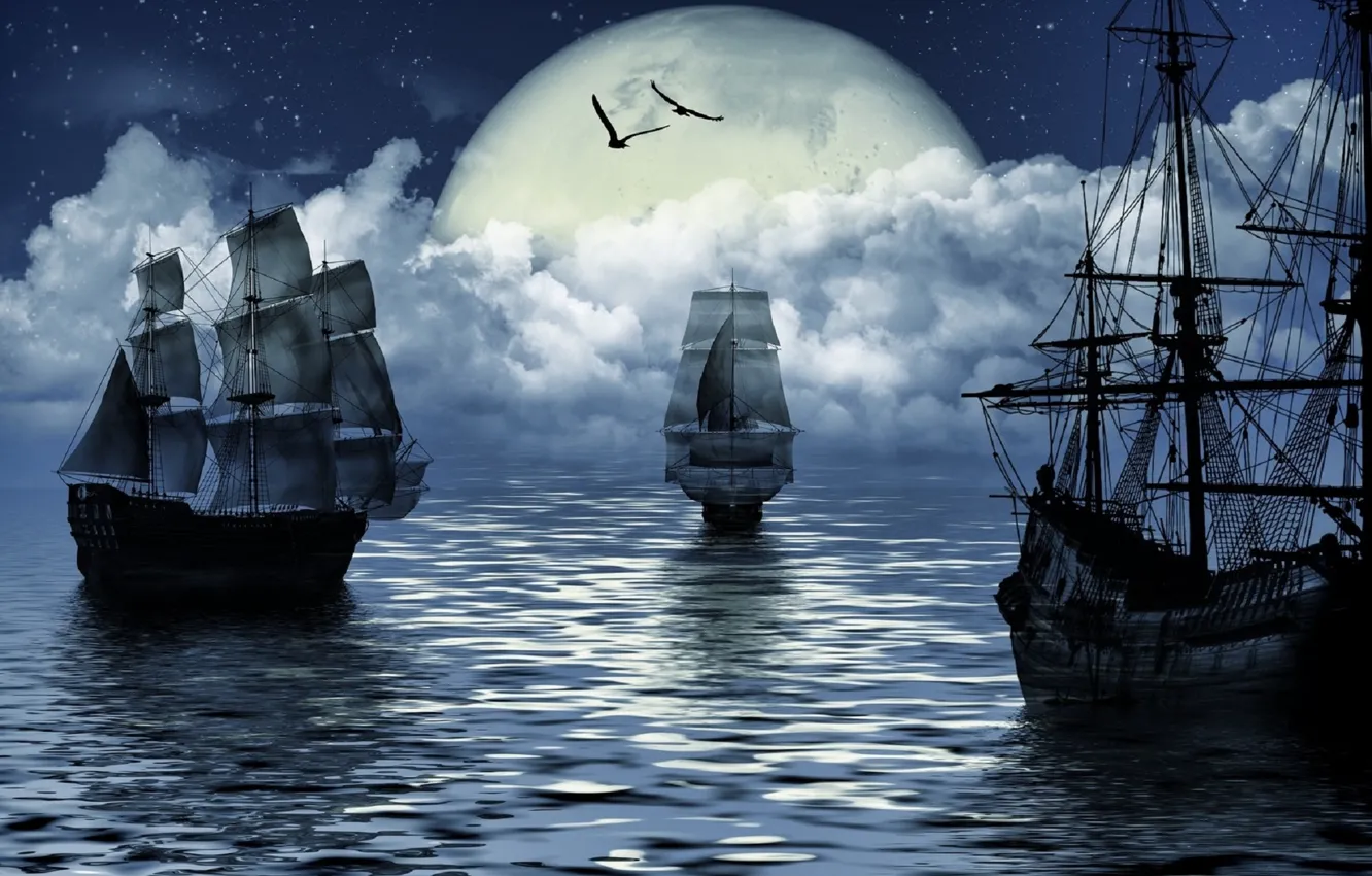 Photo wallpaper sea, fantasy, the moon, ship, moon, fantasy, sea, ship