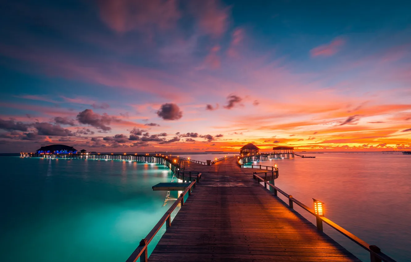 Photo wallpaper sunset, bridge, the ocean, The Maldives, The Indian ocean