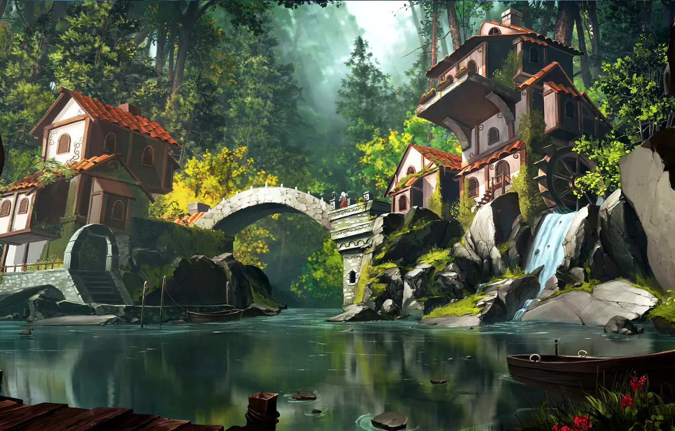 Photo wallpaper sword, fantasy, forest, river, trees, landscape, nature, bridge