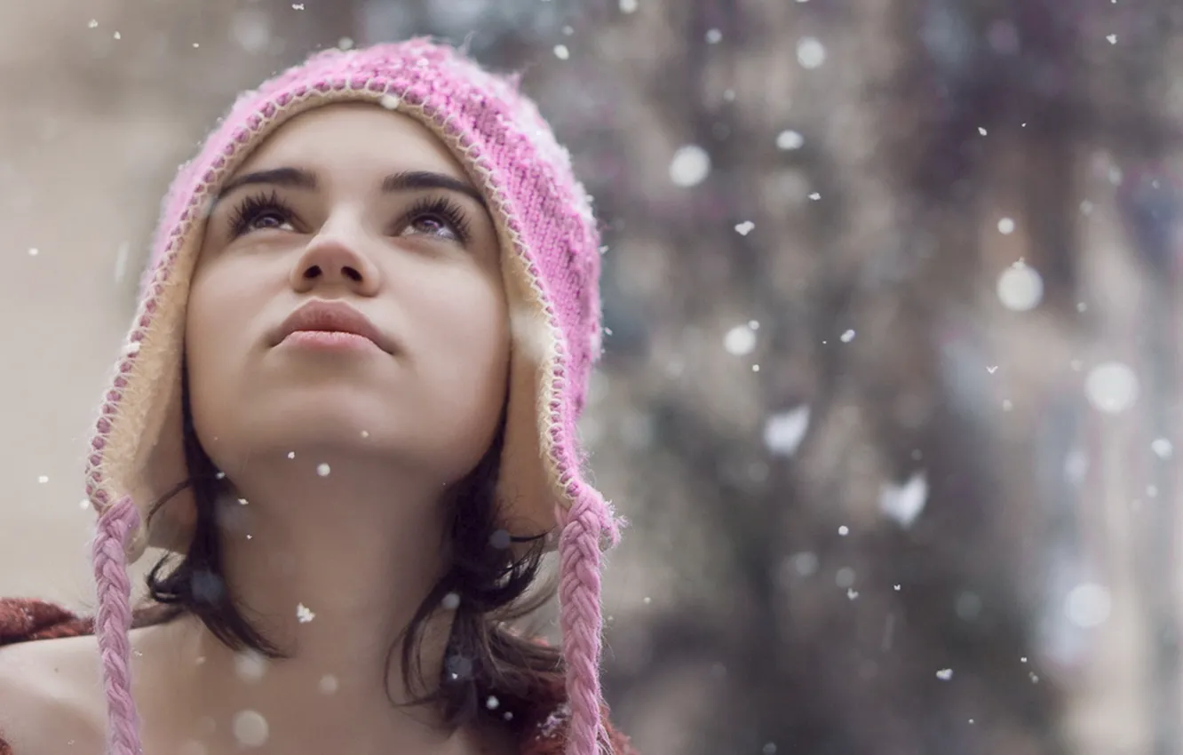 Photo wallpaper winter, girl, snow, snowflakes, mood, hat, girl