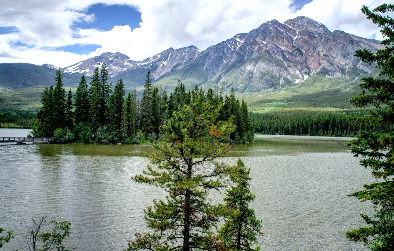 Photo wallpaper the sky, clouds, trees, mountains, lake, island