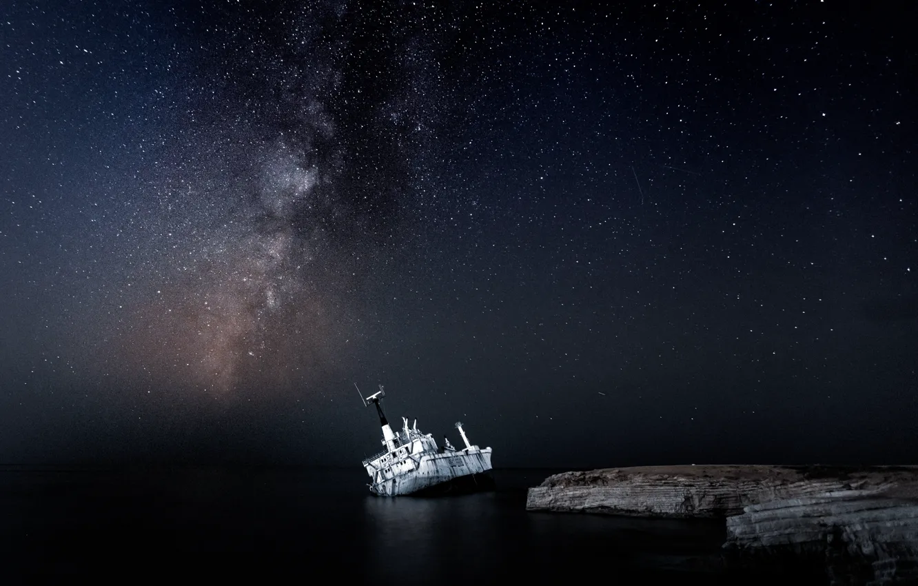 Photo wallpaper sea, stars, night, rocks, ship, the milky way