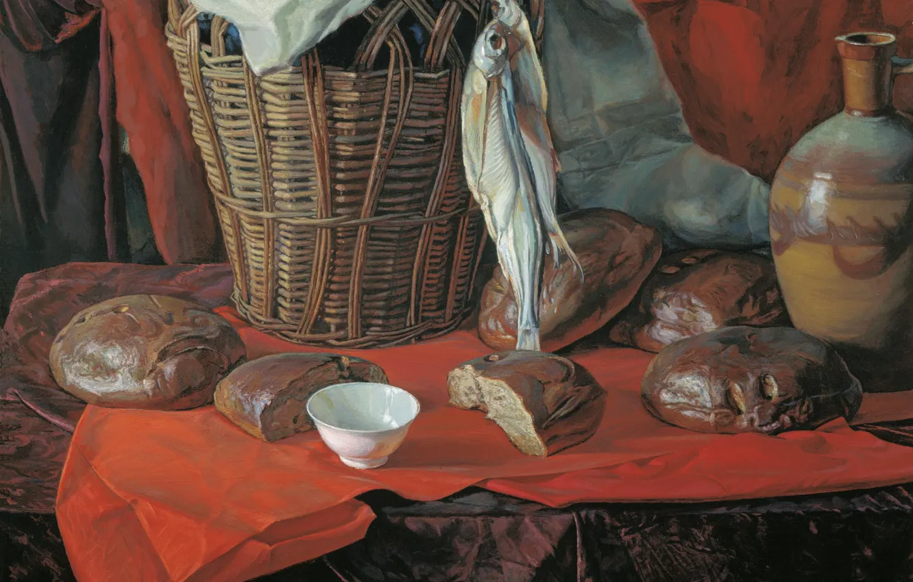 Photo wallpaper basket, pitcher, MATORIN Victor, kisochka, Five loaves, dried fish