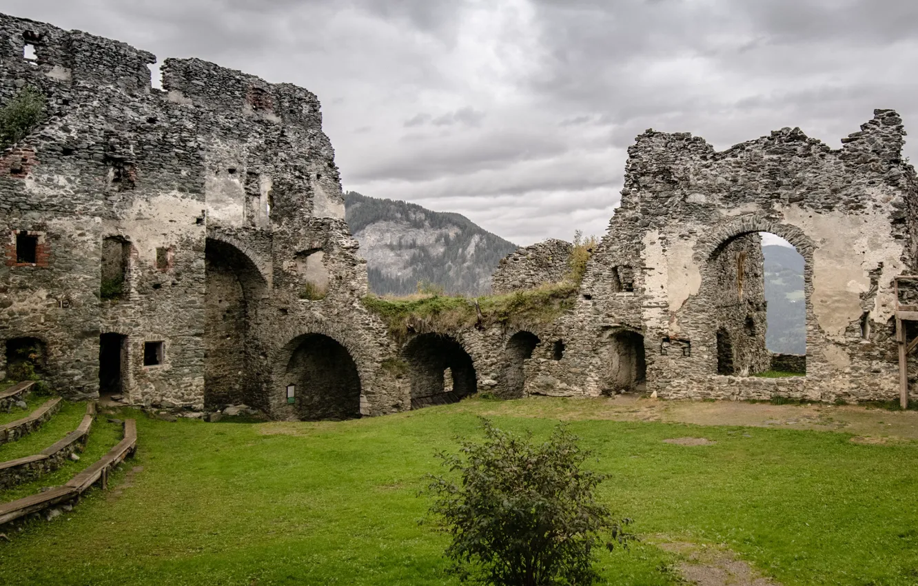 Photo wallpaper the sky, clouds, mountains, clouds, overcast, Austria, ruins, architecture