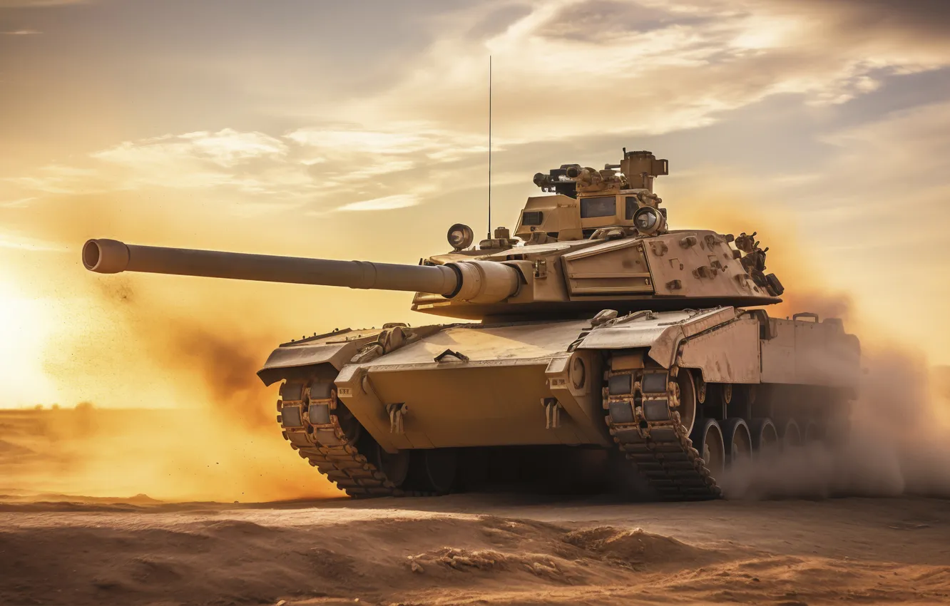 Photo wallpaper dawn, dust, tank, digital art, AI art, The Art of Artificial Intelligence, neural network