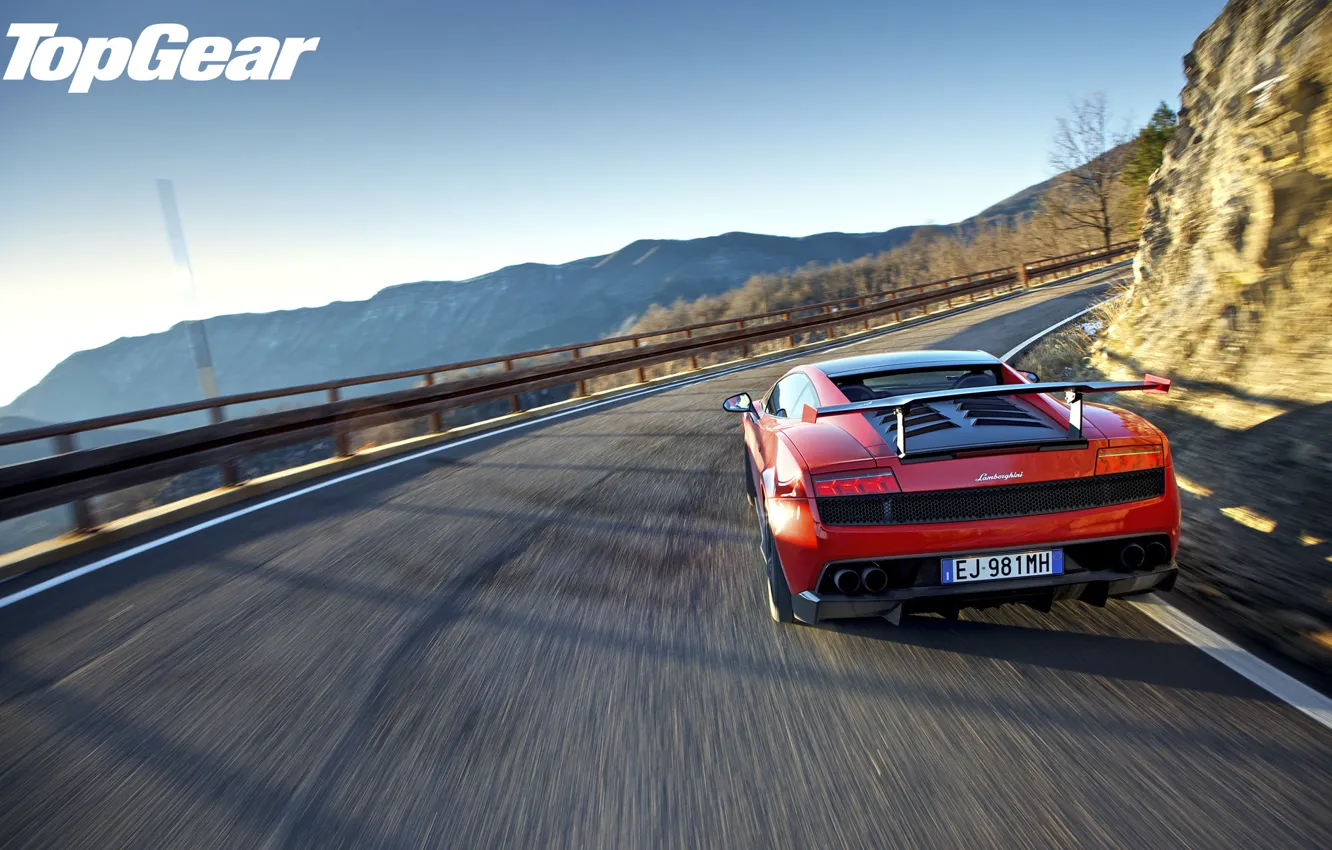 Photo wallpaper road, the sky, mountains, red, Lamborghini, supercar, spoiler, Gallardo