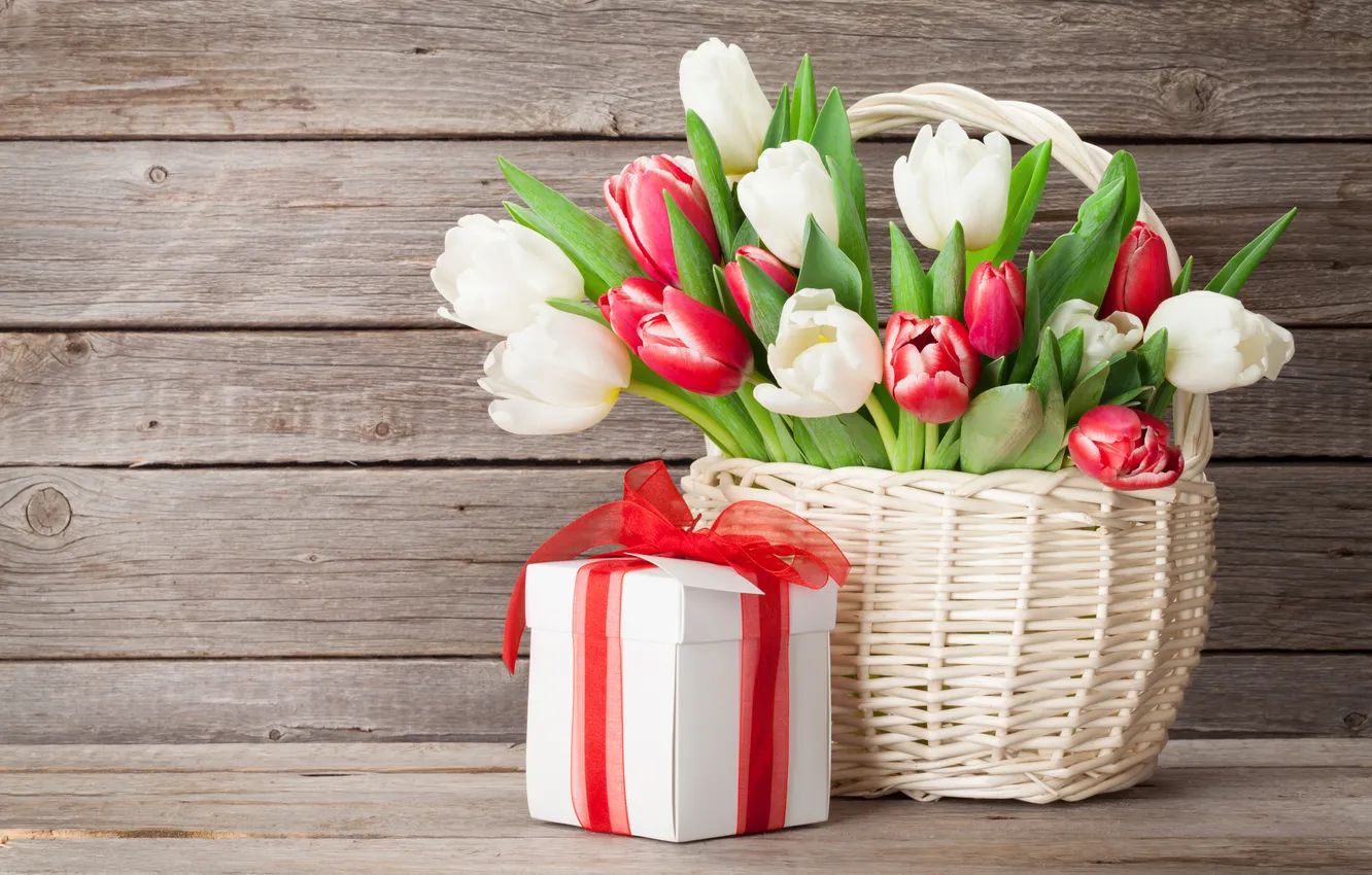 Photo wallpaper flowers, gift, bouquet, tulips, red, love, white, wood