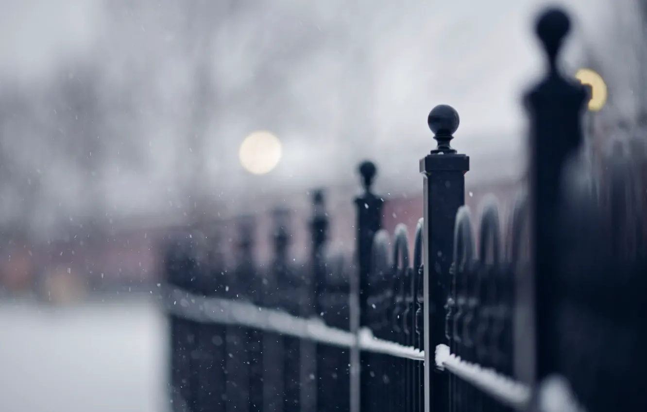 Photo wallpaper macro, snow, street, the fence