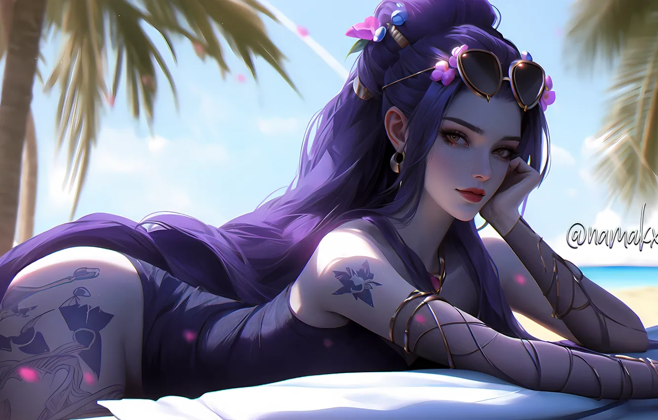 Photo wallpaper beach, anime, purple hair, Overwatch, Widowmaker