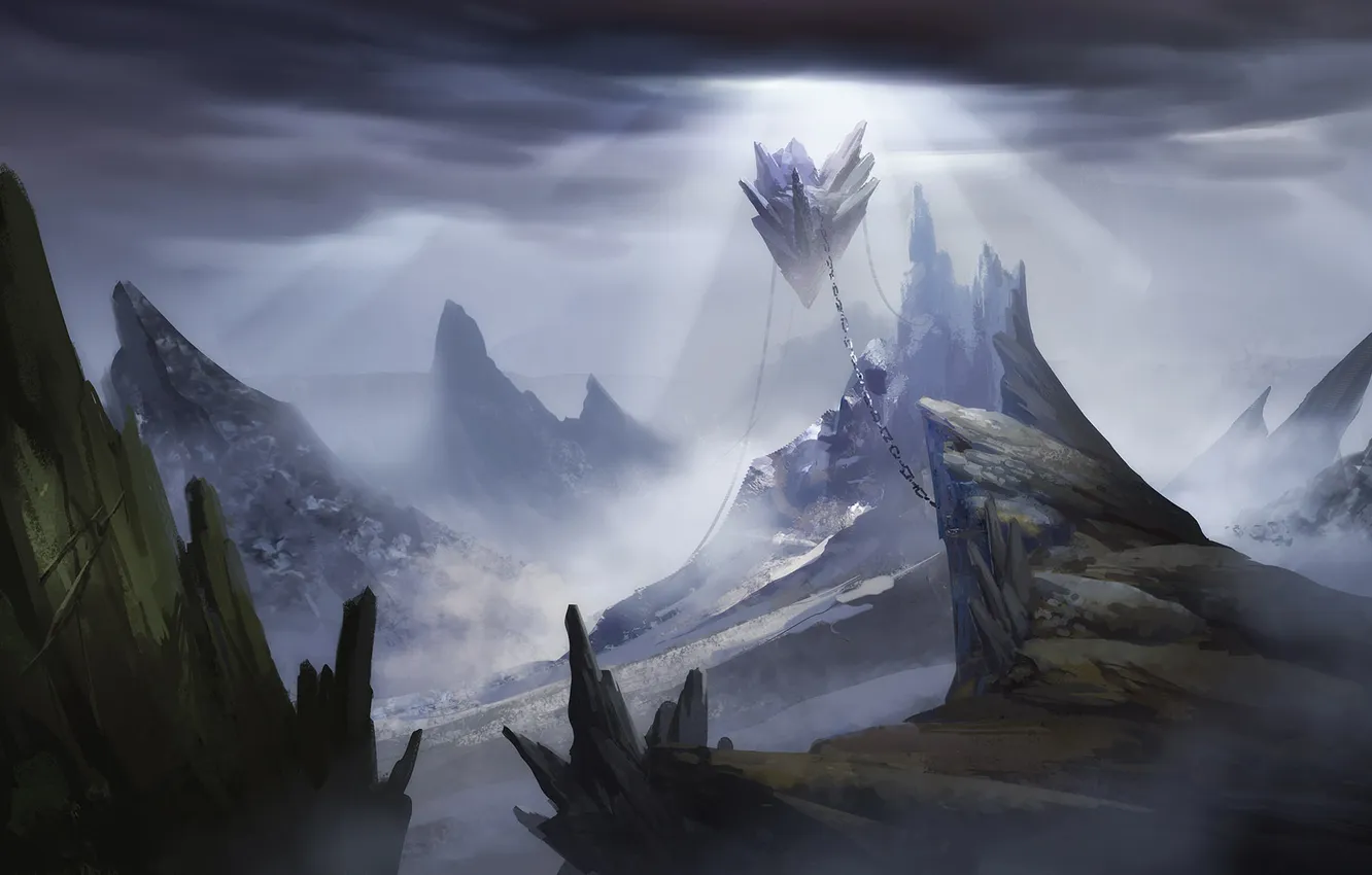 Photo wallpaper mountains, clouds, rocks, island, art, chain, fantasy world, the sun's rays