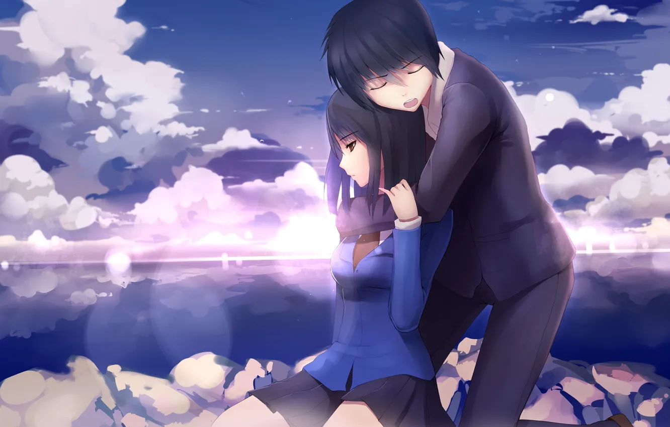 Photo wallpaper the sky, girl, the sun, clouds, sunset, anime, art, guy