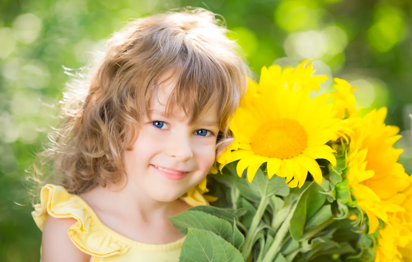 Photo wallpaper sunflowers, smile, girl, child, blue-eyed