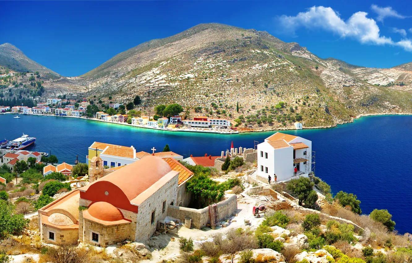 Photo wallpaper mountains, river, coast, home, Greece, Kastelorizo
