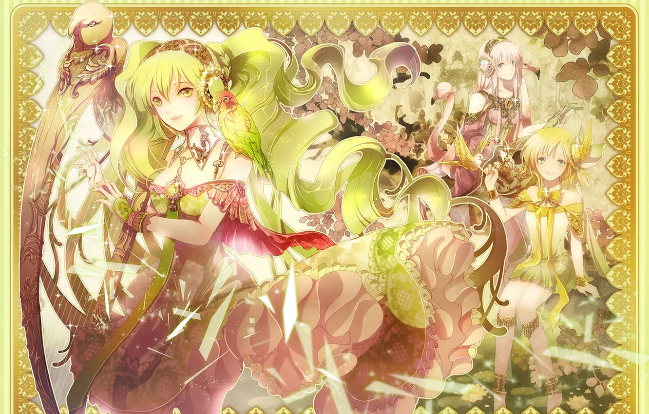 Photo wallpaper girls, harp, parrot, Vocaloid