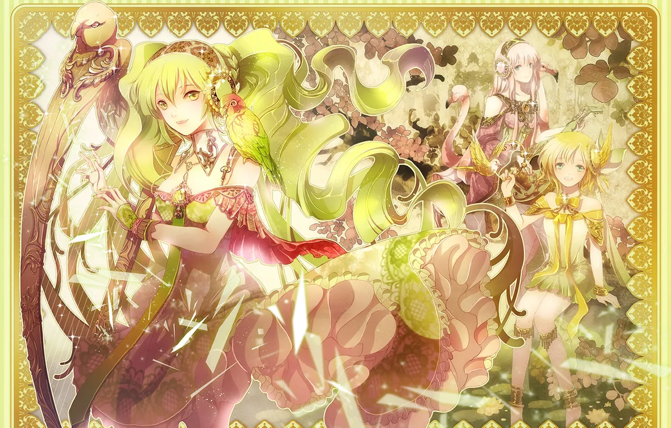 Photo wallpaper girl, harp, parrot, vocaloid