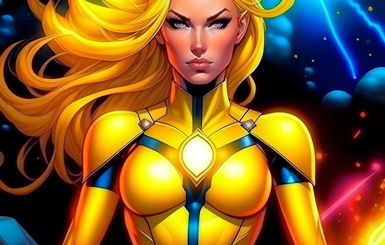 Photo wallpaper art, Captain Marvel, yellow lantern superheroine