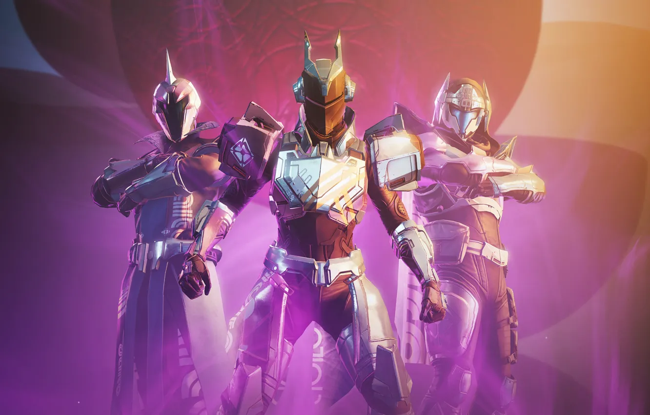 Photo wallpaper weapons, background, the game, soldiers, armor, three, pink light, Destiny 2
