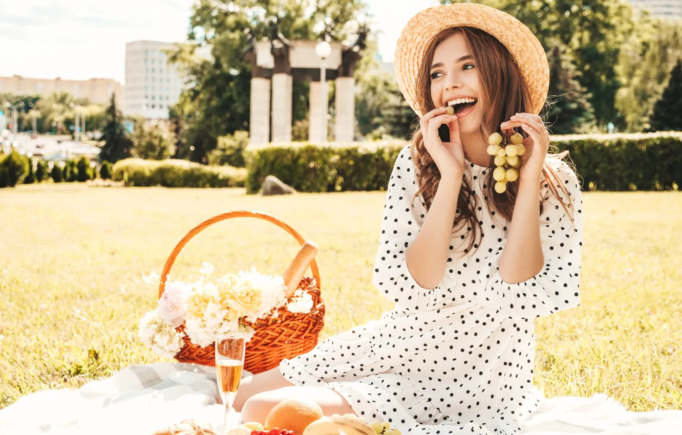 Photo wallpaper summer, girl, light, stay, glade, hat, fruit, picnic