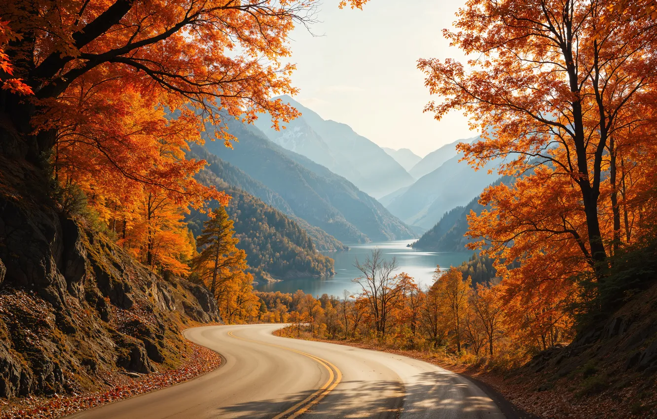 Photo wallpaper road, autumn, forest, leaves, trees, forest, road, autumn