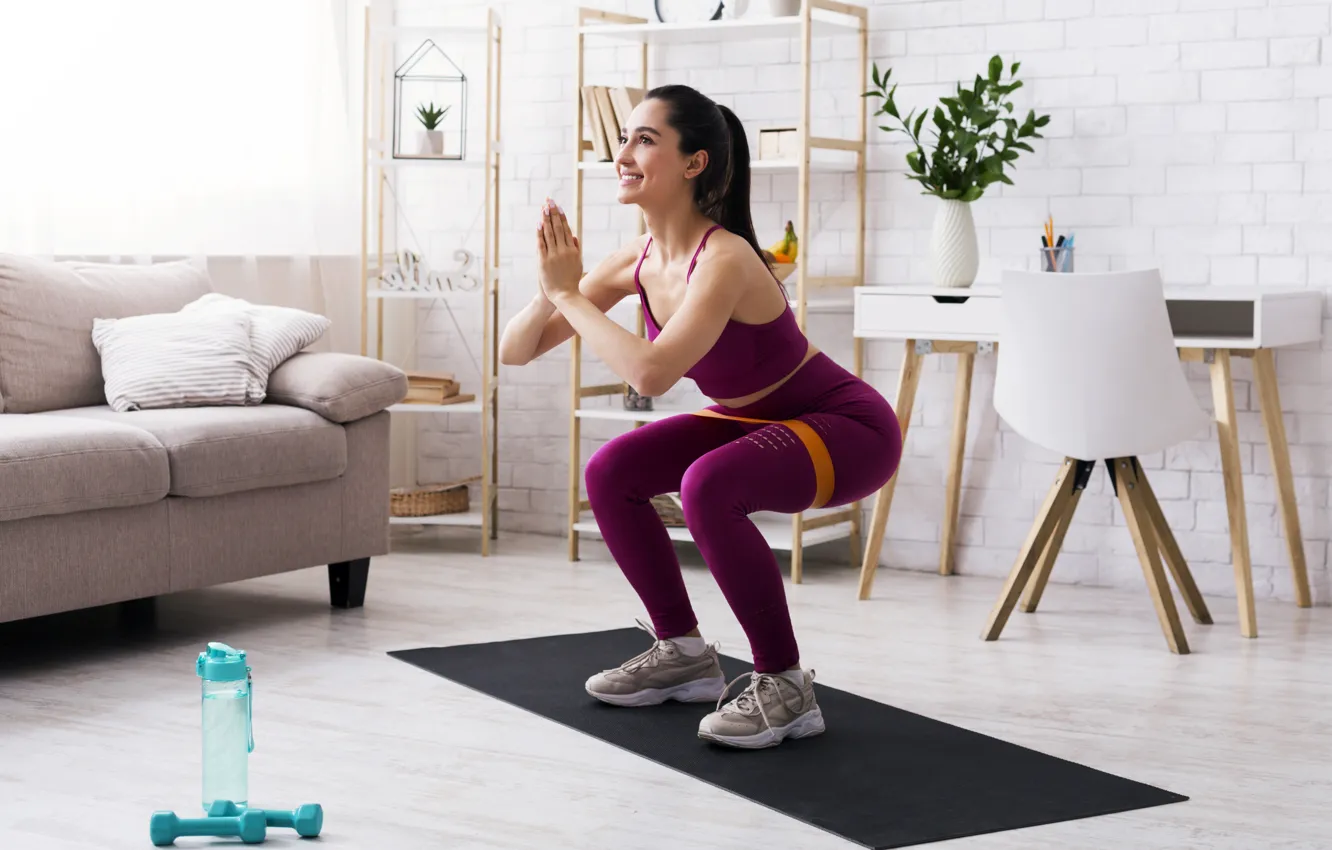 Photo wallpaper fitness girl, pilates, workout home, legs exercises
