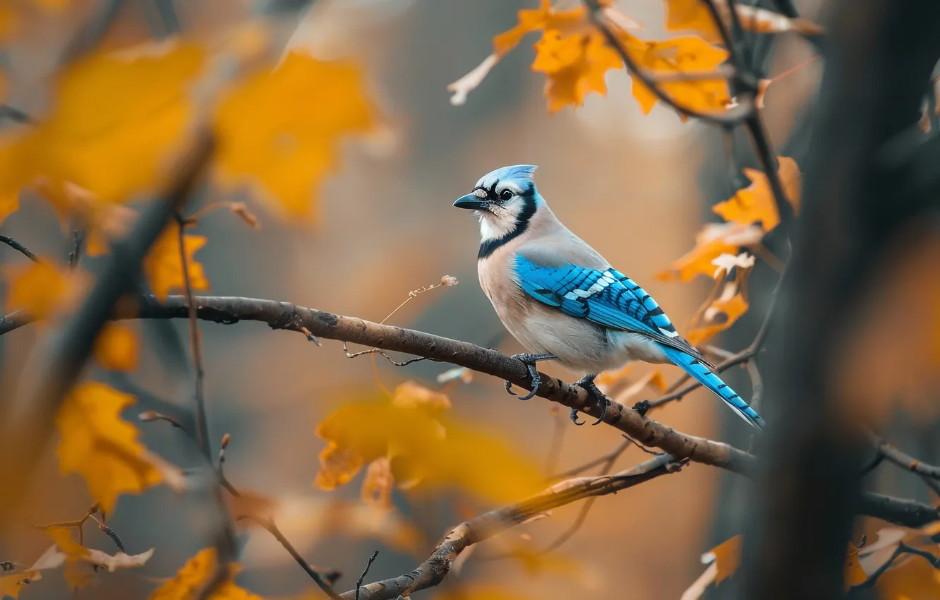 Photo wallpaper autumn, trees, branches, bird, foliage, blur, bokeh, Jay