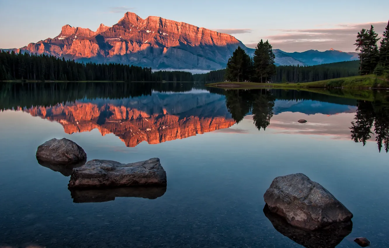 Photo wallpaper landscape, mountains, nature, lake, reflection, stones, dawn, morning
