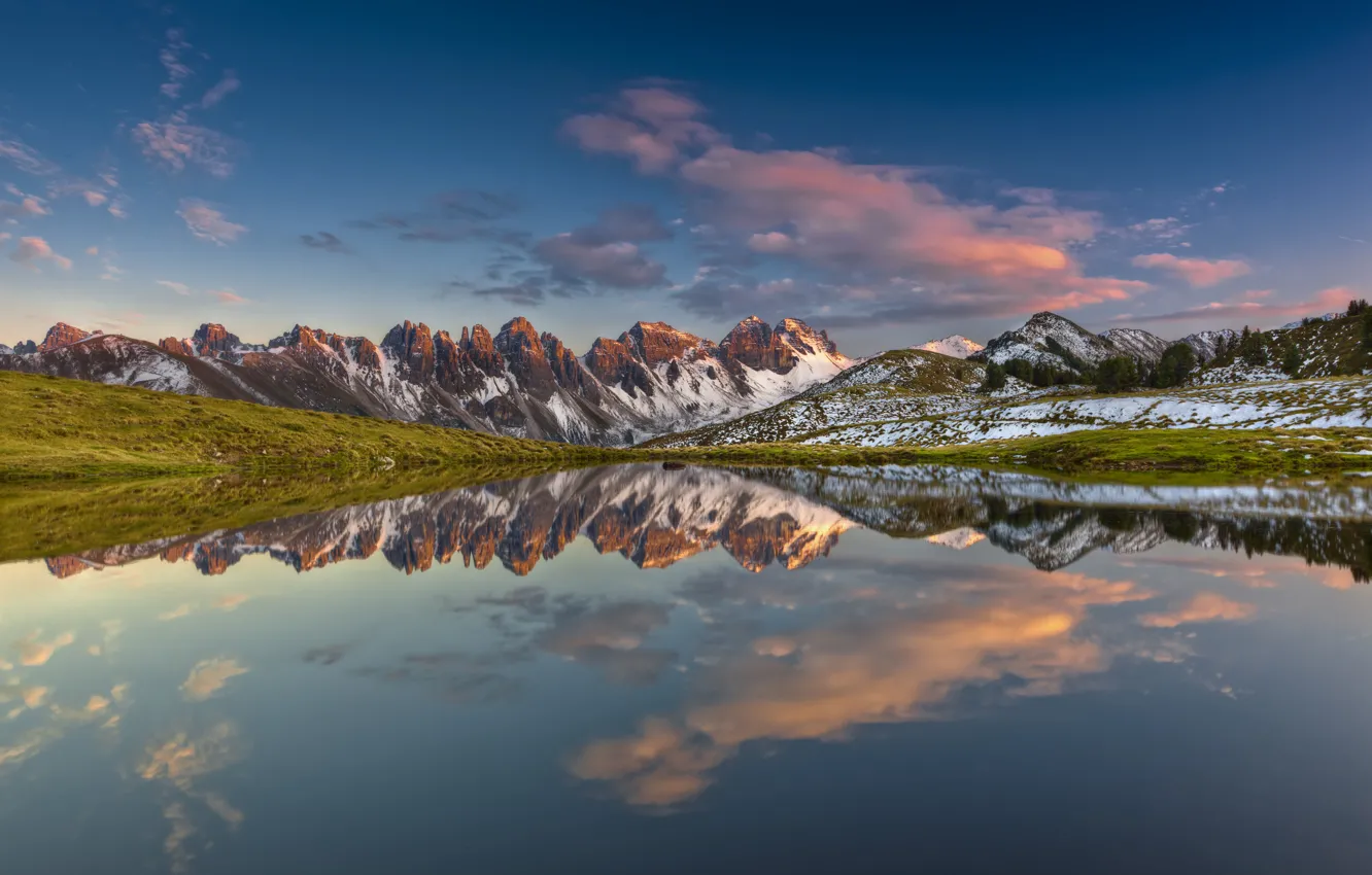 Photo wallpaper reflection, snow, mountains, lake
