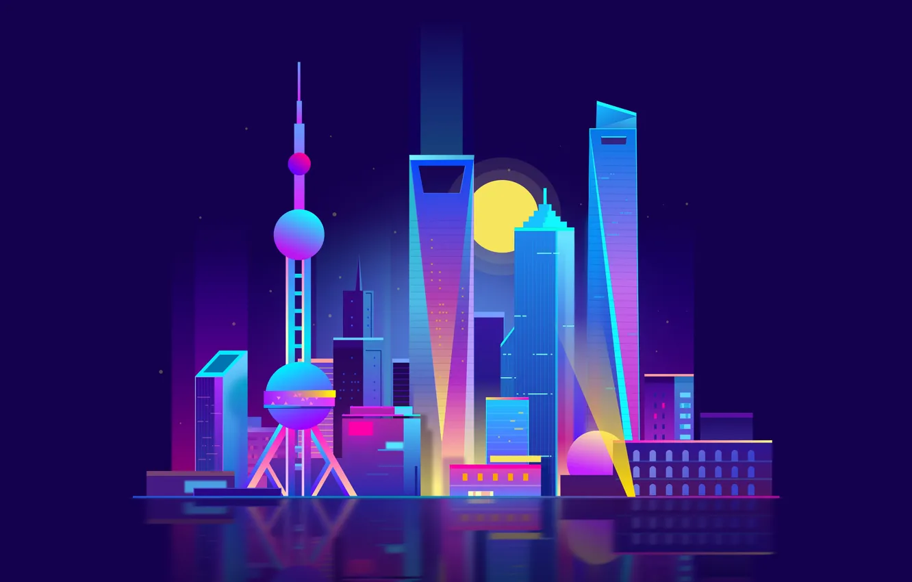 Photo wallpaper night, the city, style, building, tower, minimalism, vector, art