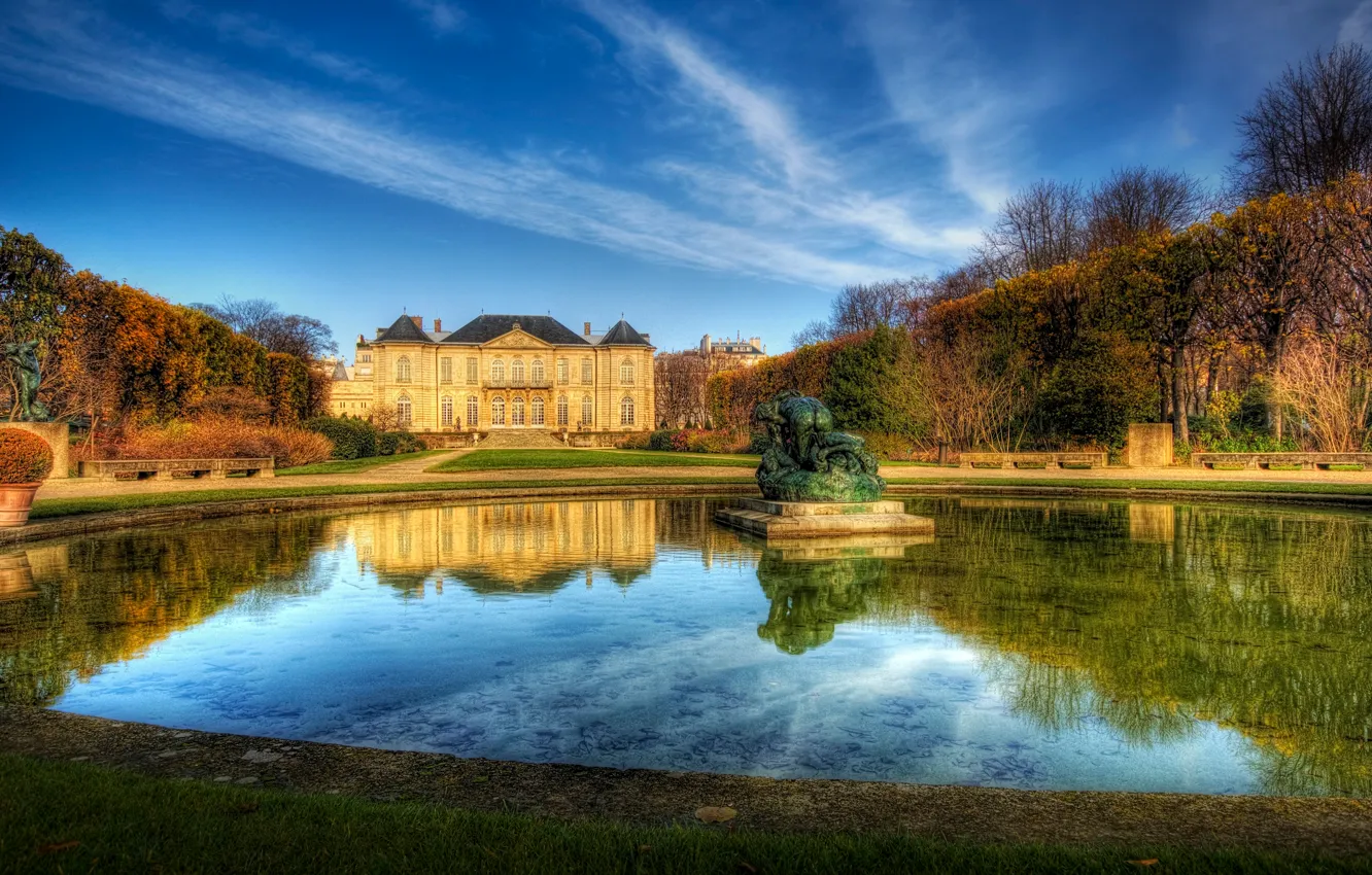 Photo wallpaper the sky, water, house, Paris, fountain, France, the estate