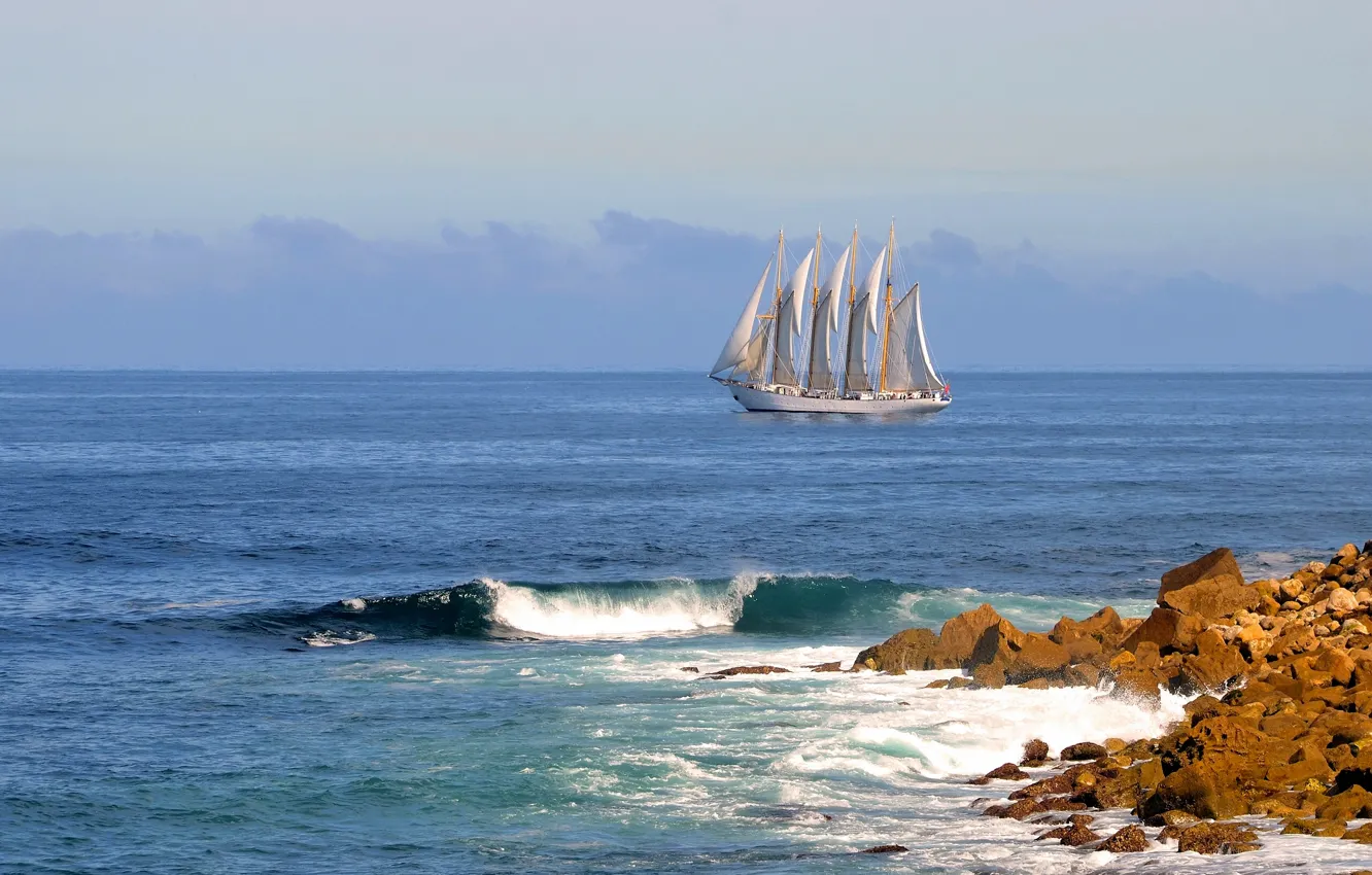 Photo wallpaper stones, the ocean, wave, sailboat, Portugal, Portugal, The Atlantic ocean, Atlantic Ocean