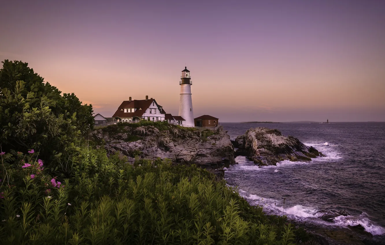 Photo wallpaper sea, sunset, portland, head lighthouse