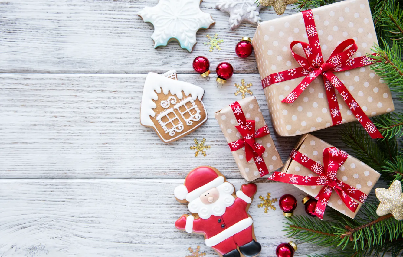 Photo wallpaper new year, branch, cookies, gifts, pine, Olena Rudo