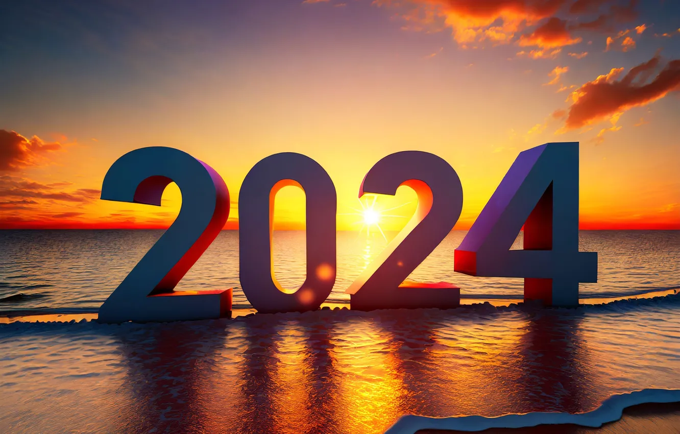 Photo wallpaper sea, beach, sunset, dawn, new year, figures, golden, beach