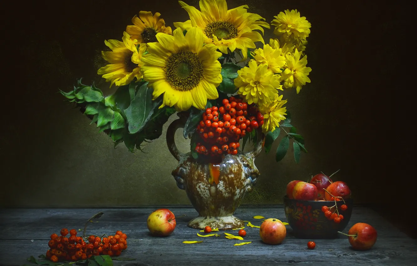 Photo wallpaper sunflowers, flowers, apples, pitcher, still life, Rowan, bunches, Golden balls