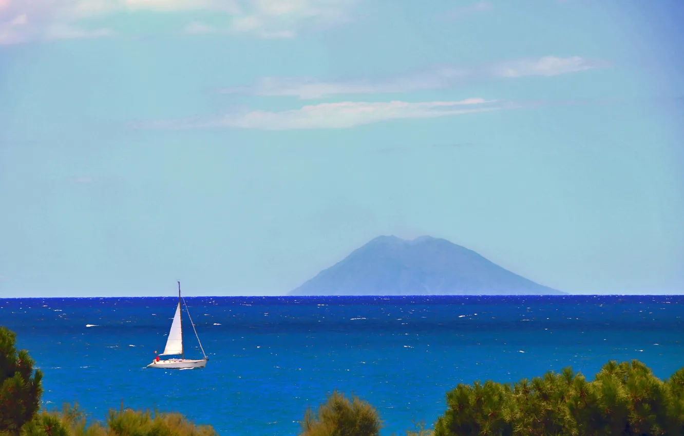 Photo wallpaper sea, boat, island, the volcano, Italy, sail, Stromboli