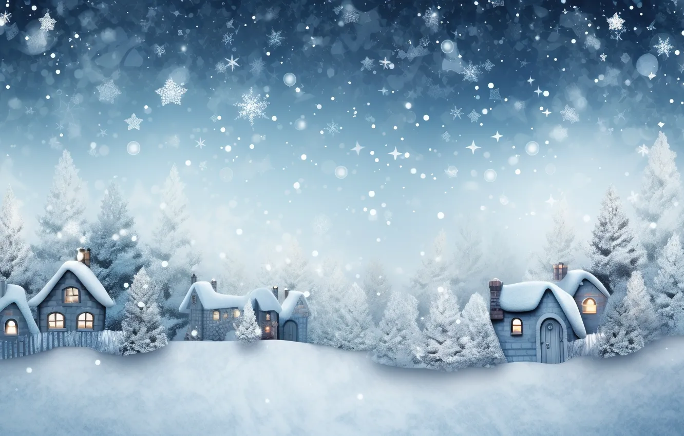 Photo wallpaper winter, snow, night, lights, tree, new year, village, Christmas