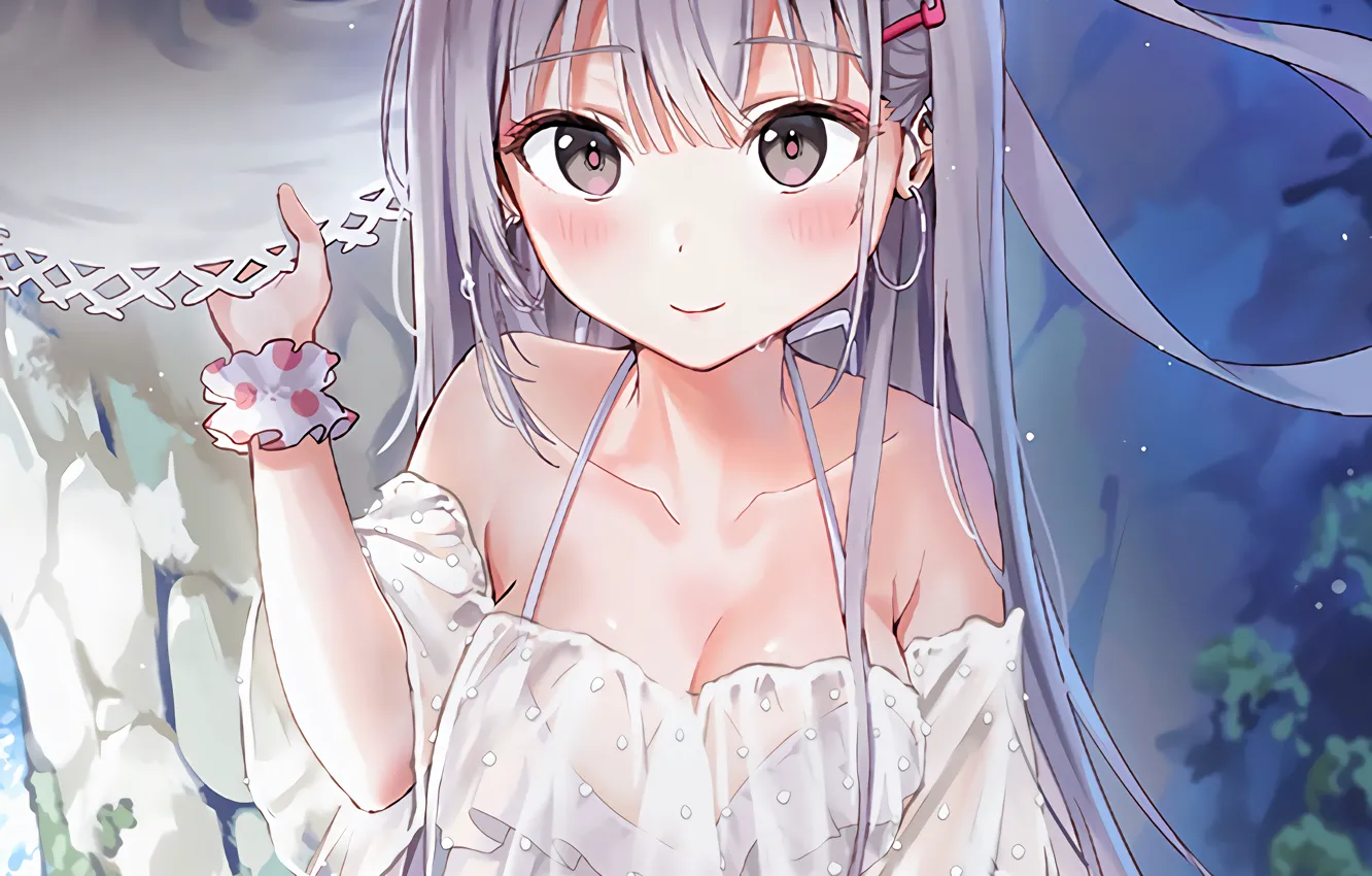 Photo wallpaper girl, sexy, cleavage, blouse, long hair, boobs, anime, beautiful