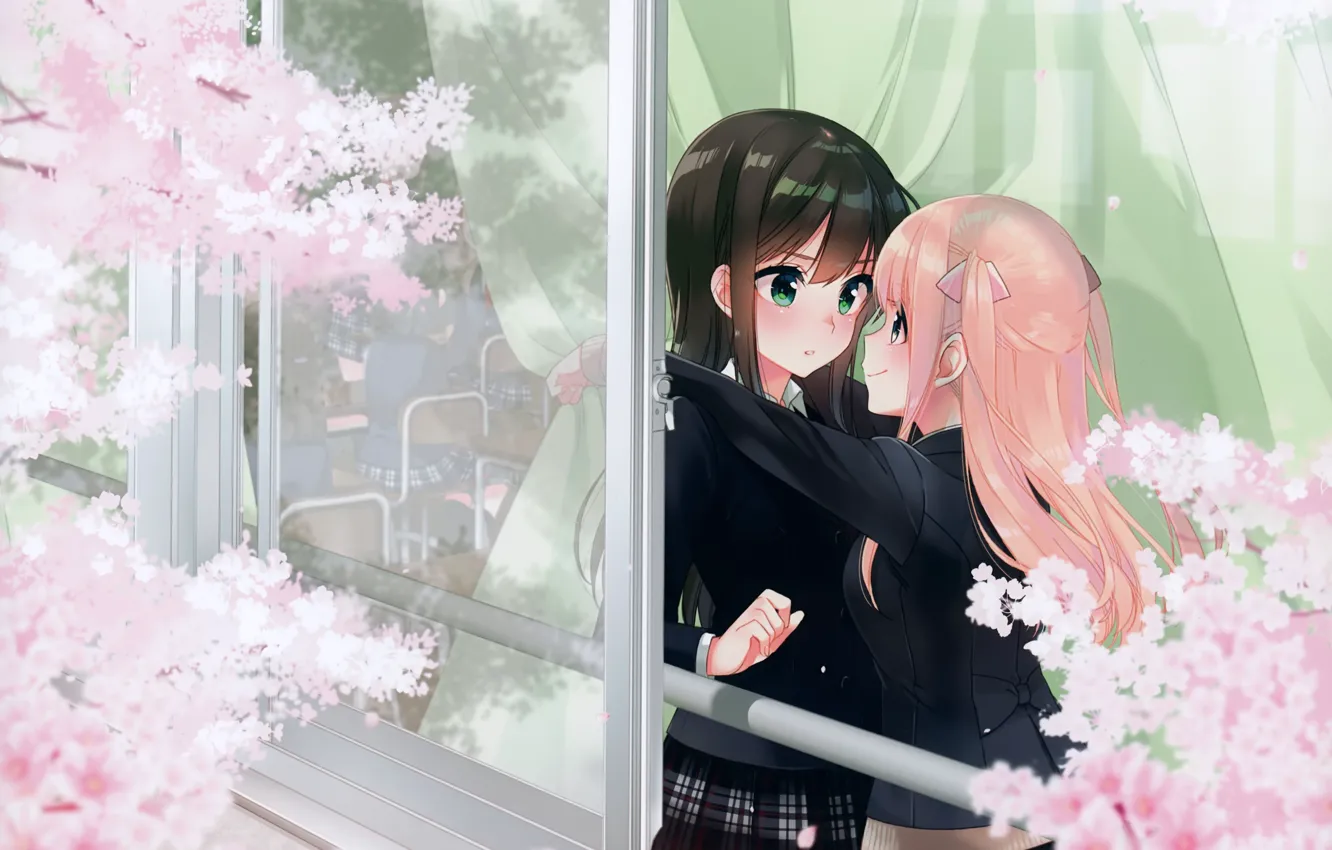 Photo wallpaper spring, window, class, Schoolgirls, friend, embarrassment, flowering in the spring, the branches of a tree