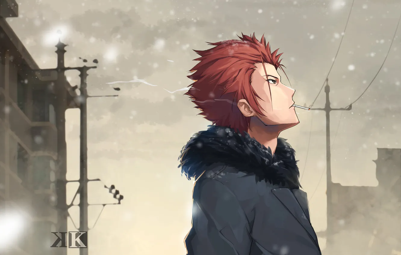 Photo wallpaper snow, street, smoke, cigarette, guy, art, k-project, mikoto suoh
