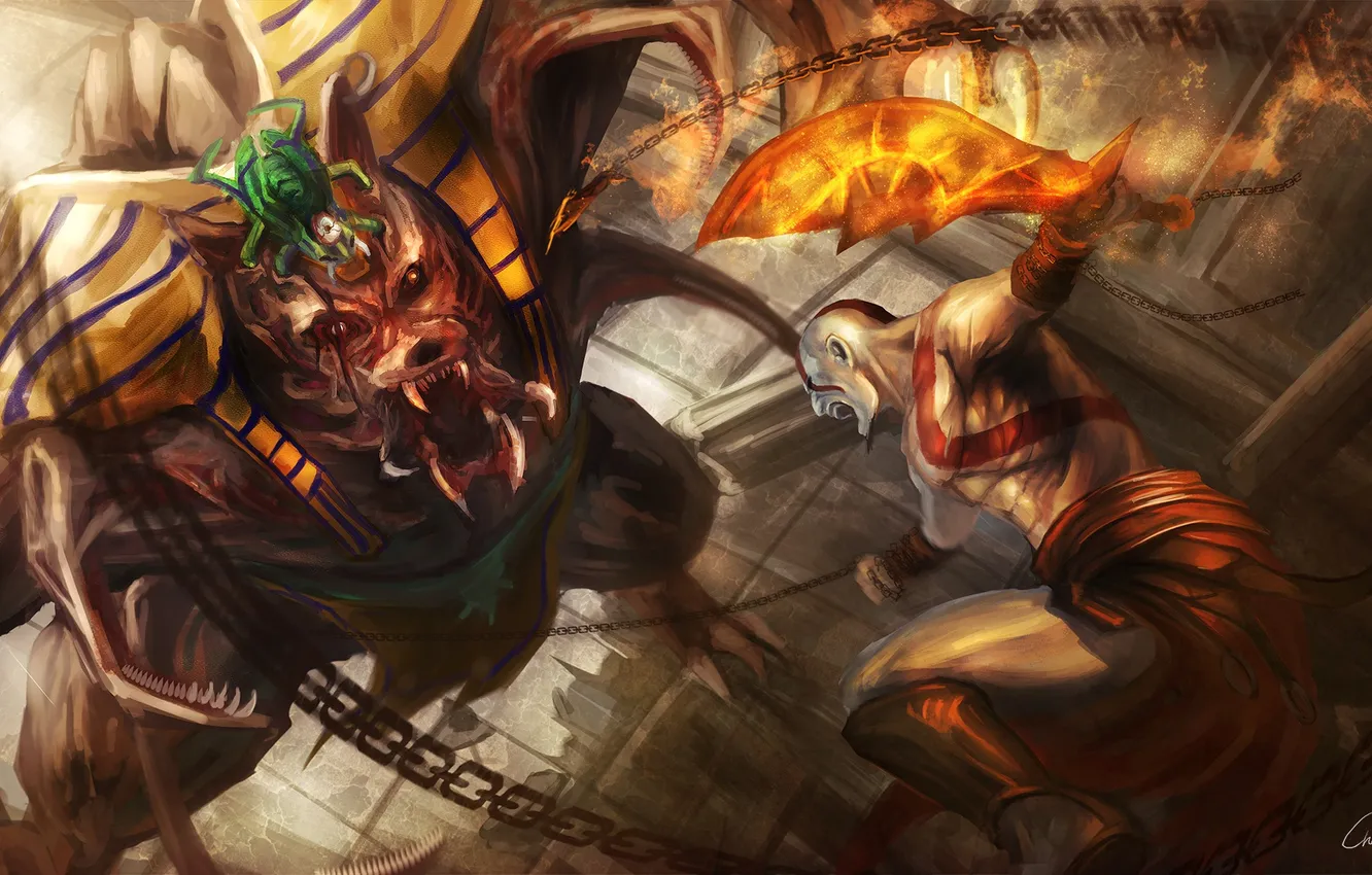 Photo wallpaper monster, art, chain, battle, Kratos, God of War