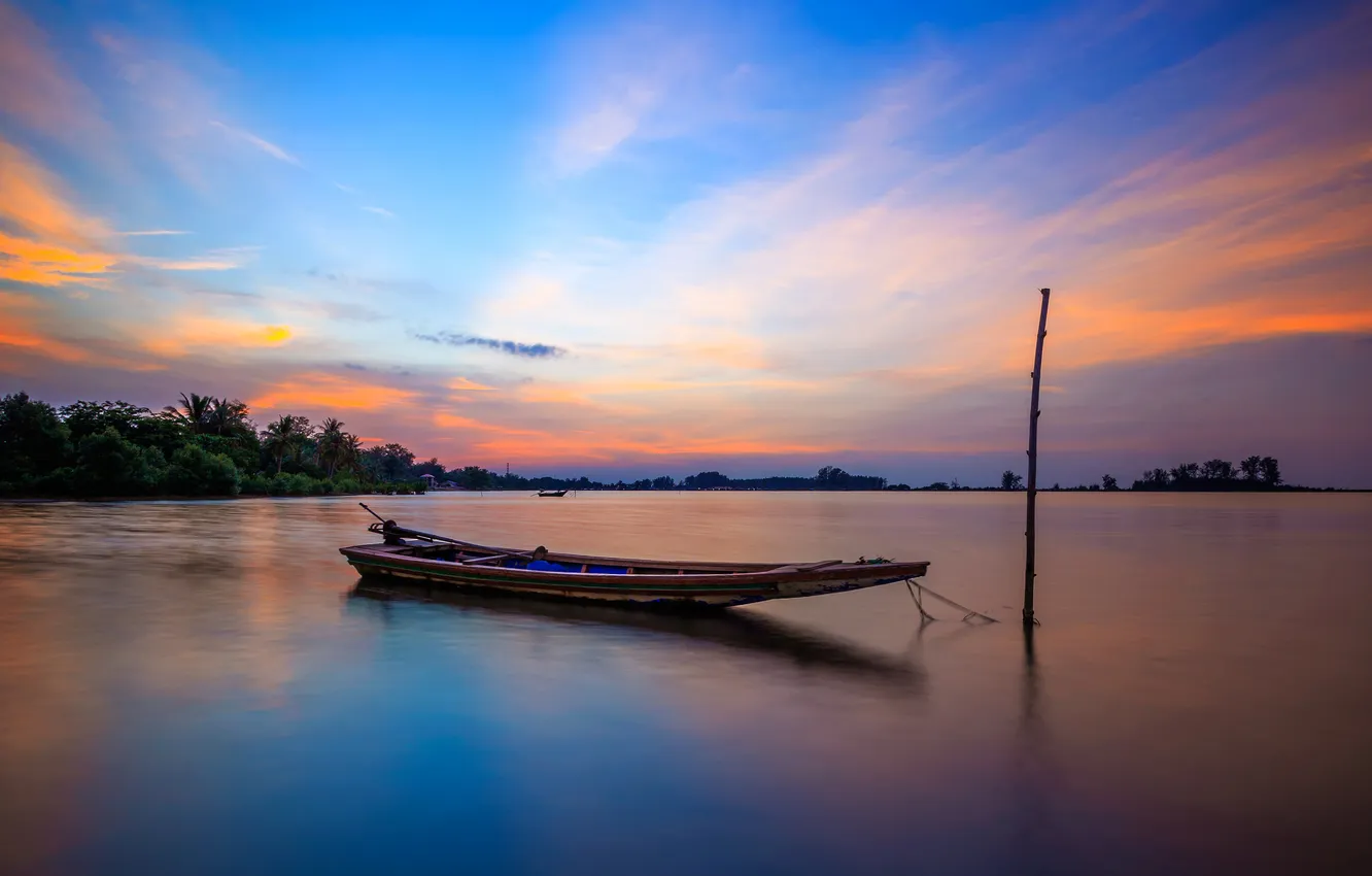 Photo wallpaper the sky, clouds, trees, sunset, lake, boat
