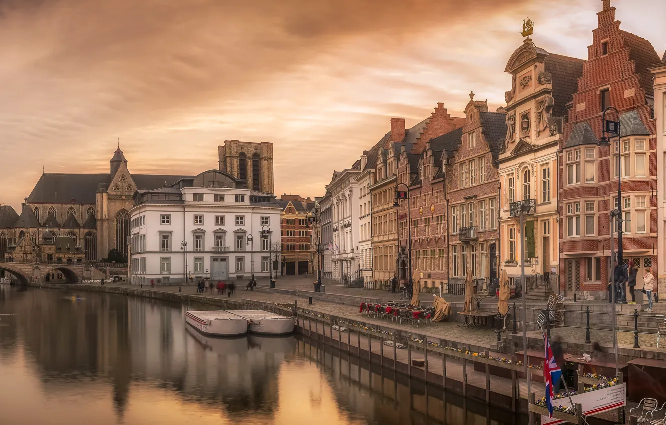 Photo wallpaper the sky, sunset, bridge, river, home, the evening, channel, Belgium