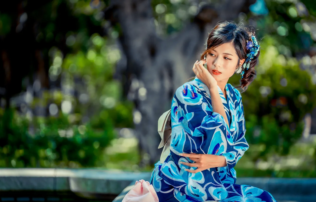 Photo wallpaper girl, sweetheart, kimono, Asian, bokeh