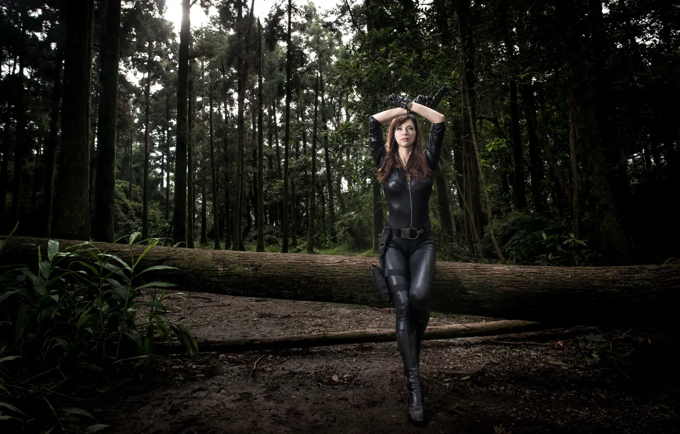 Photo wallpaper forest, girl, gun