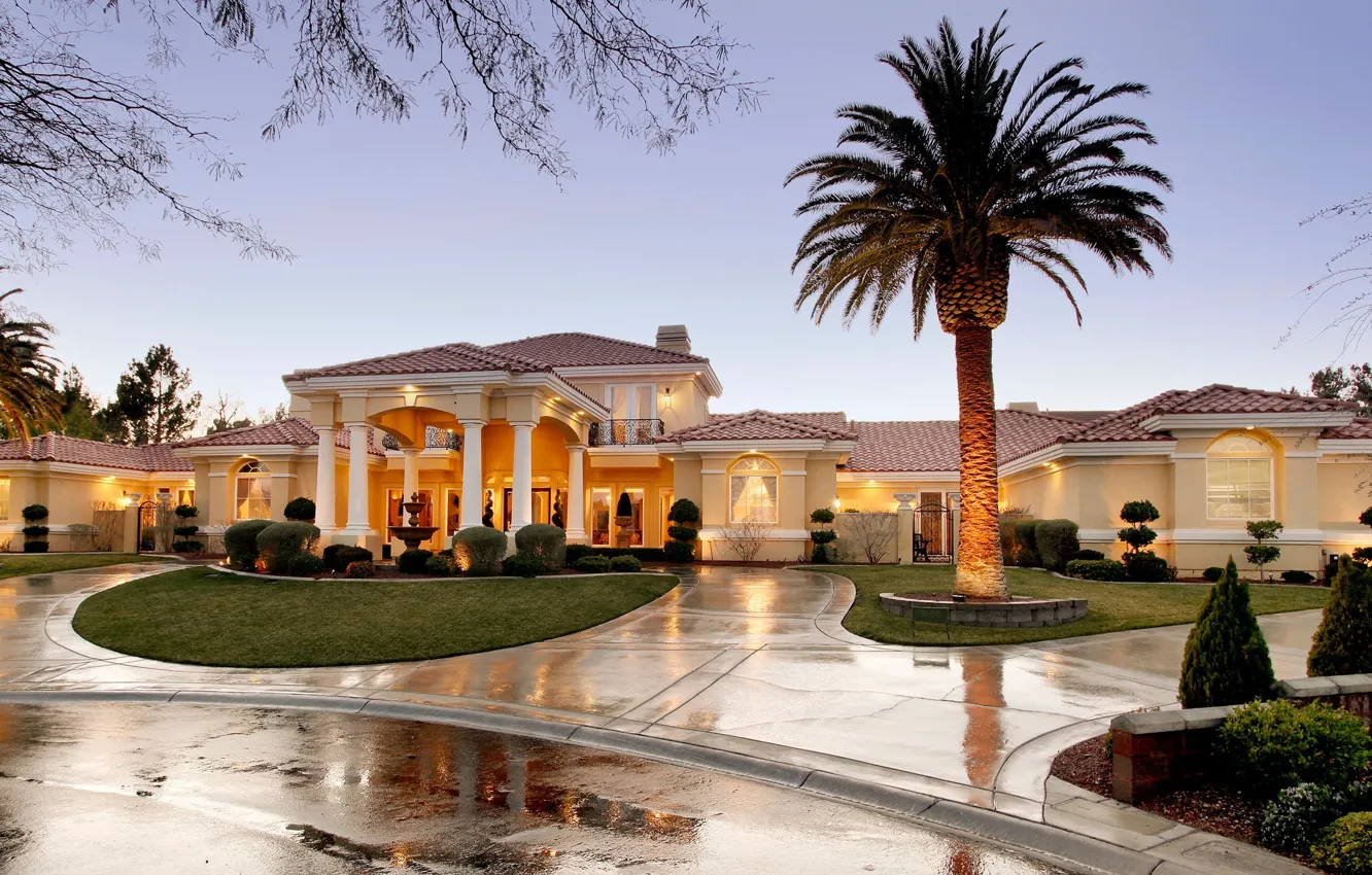 Photo wallpaper trees, style, palm trees, Villa, home, fountain, houses, home