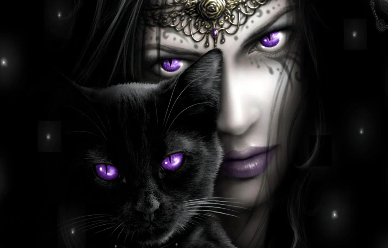 Photo wallpaper BACKGROUND, GIRL, LOOK, BLACK, CAT, FACE, EYES