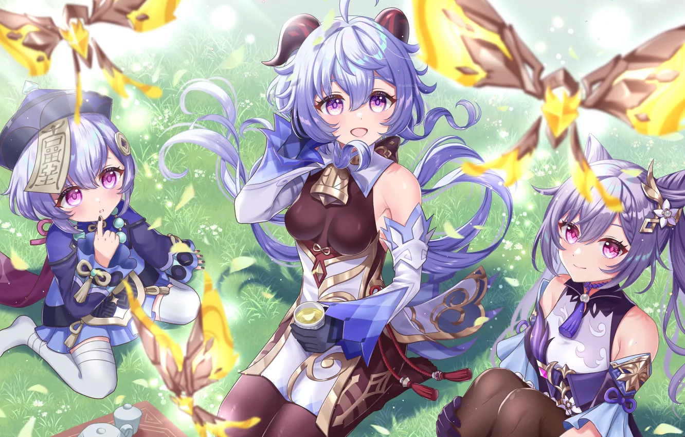 Photo wallpaper girl, butterfly, girl, picnic, Genshin Impact, Ganyu, Qiqi, Keqing