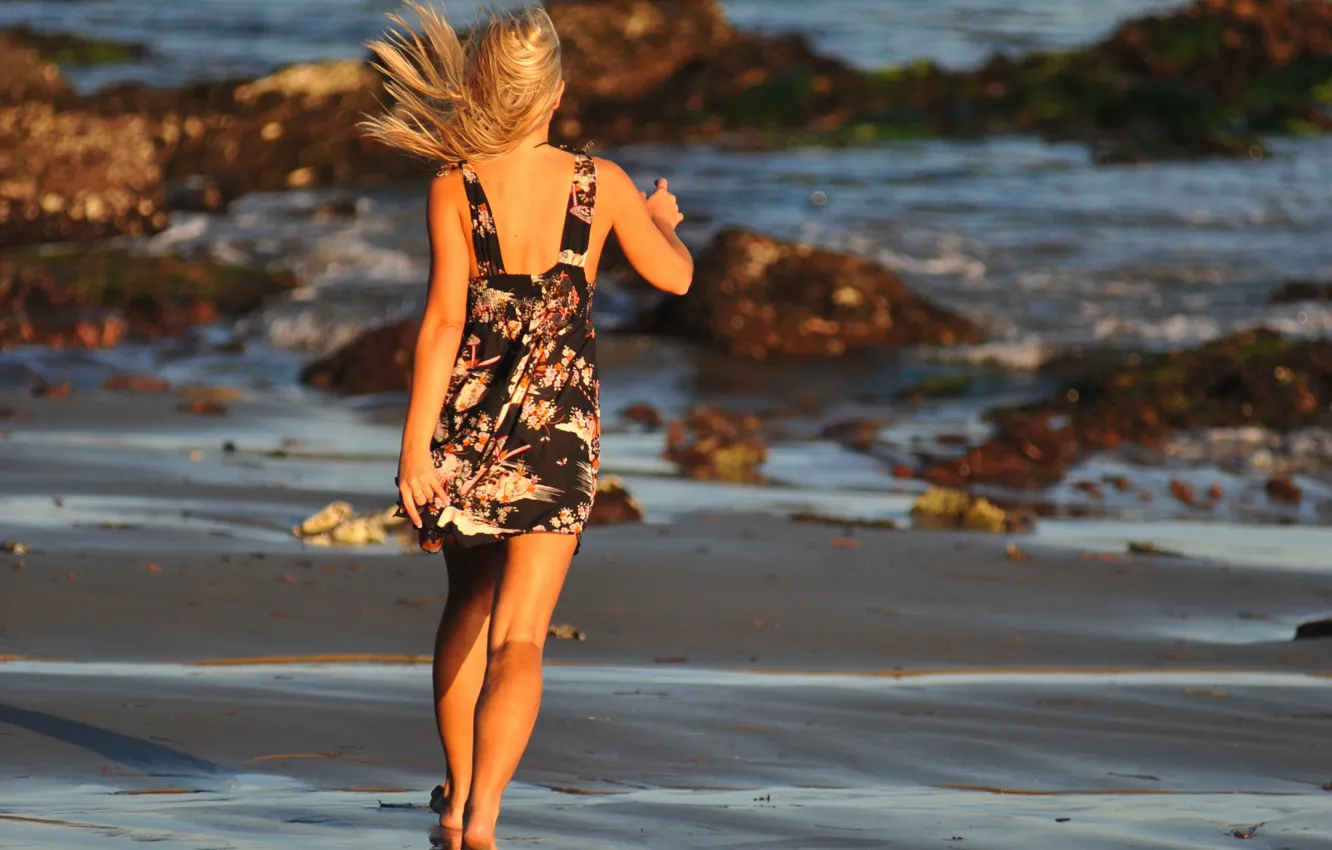 Wallpaper girl, beach, long hair, dress, legs, sea, nature, Jenni Gregg