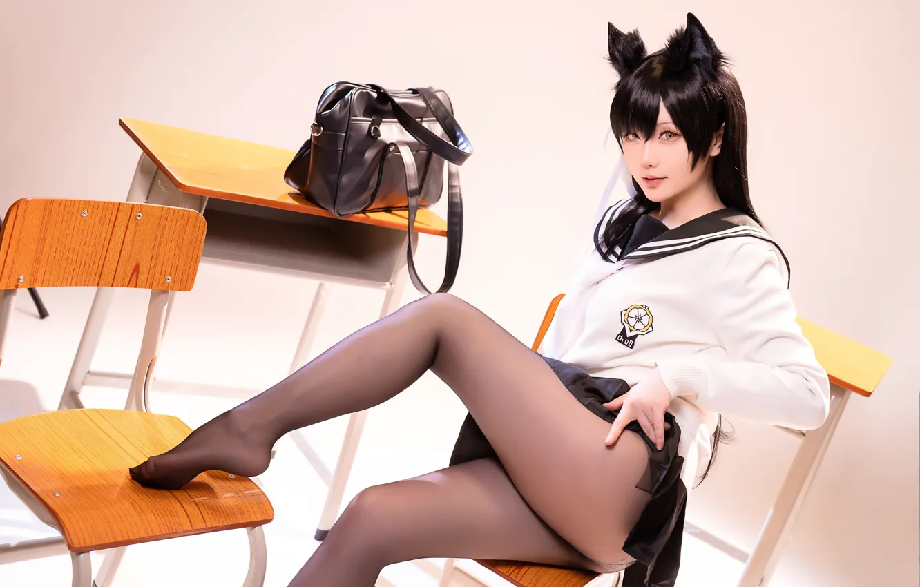 Photo wallpaper Atago (Azur Lane), Hoshilily, school uniform, black pantyhose, legs, Asian, black hair, cosplay