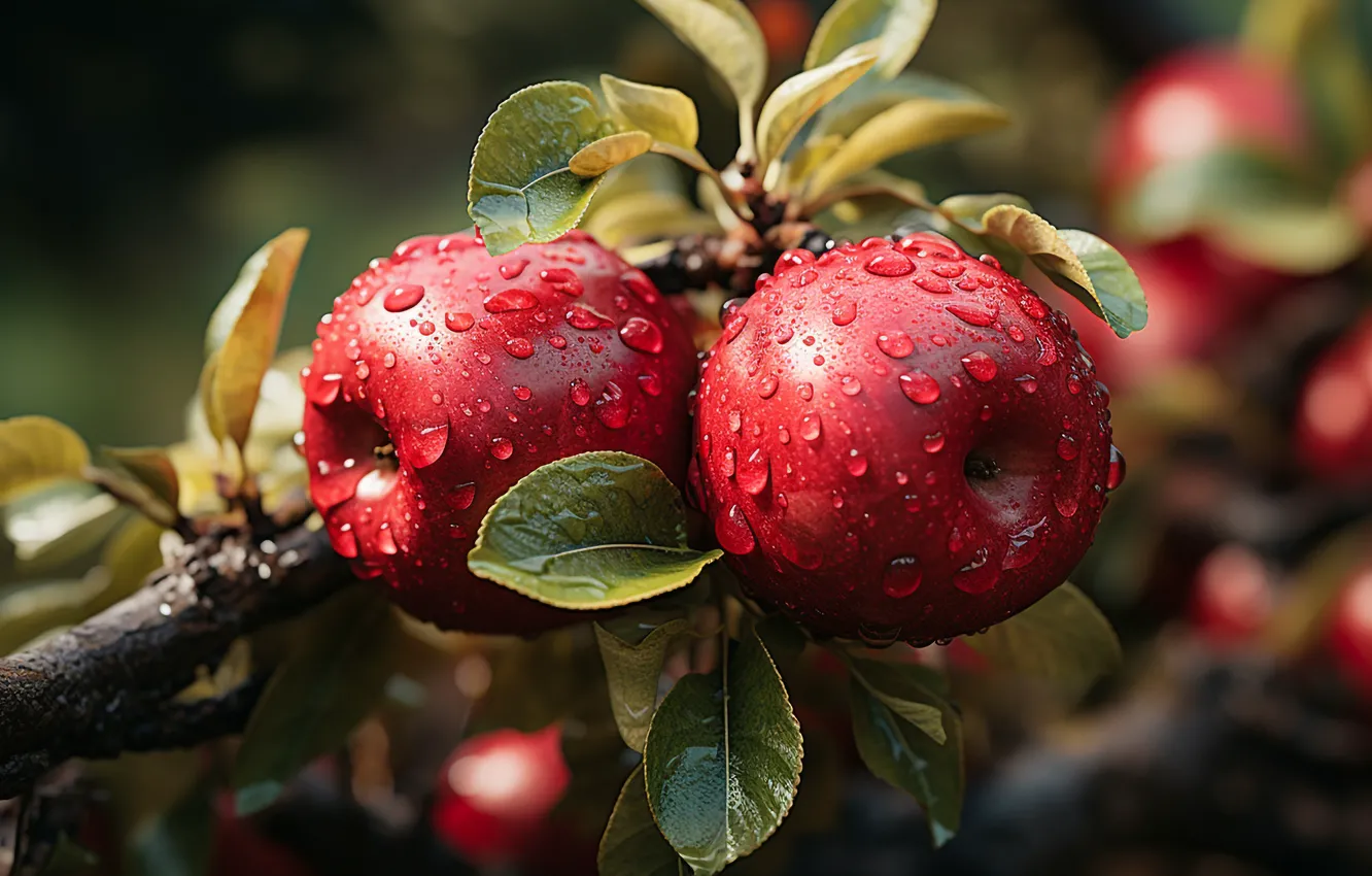 Photo wallpaper leaves, drops, branches, red, apples, moisture, harvest, fruit